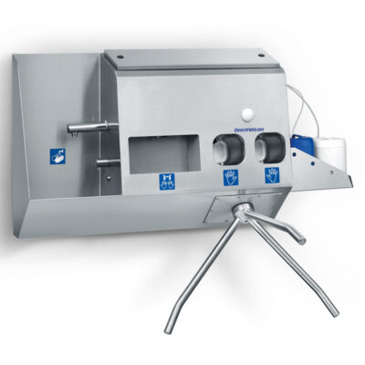 Entrance control with hand wash basin, hand dryers, and hand sanitizer